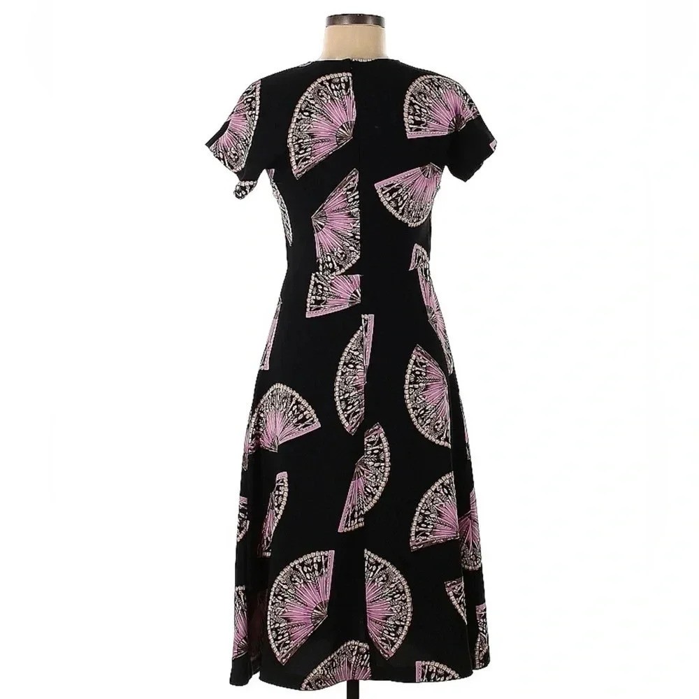 Ann Taylor | Black Pink Dancing Fan V Neck Fit And Flare Midi Dress Size 0 - Picture 3 of 6